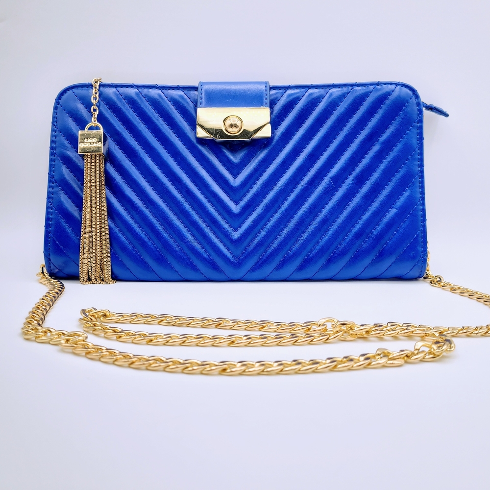 Blue Quilted Crossbody Clutch Gold Chain Tassel Evening Bag